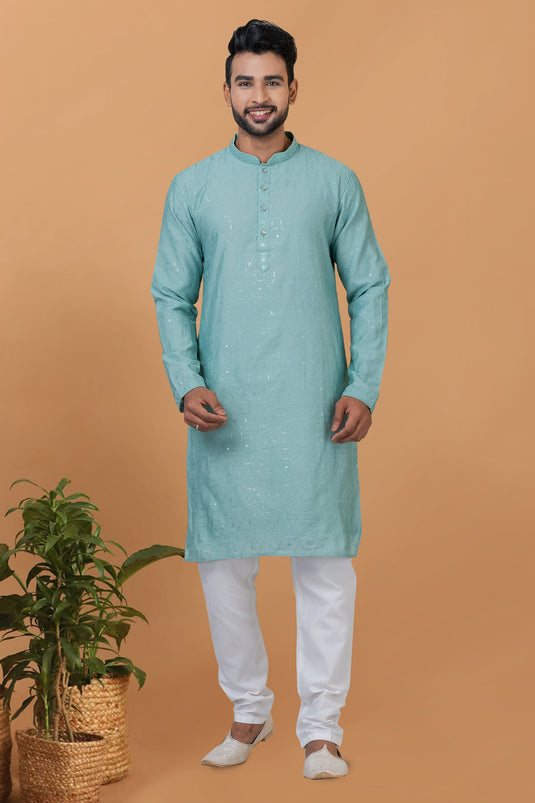 Reception Wear Attractive Sequins Embroidery Readymade Men Kurta Pyjama In Cyan Color