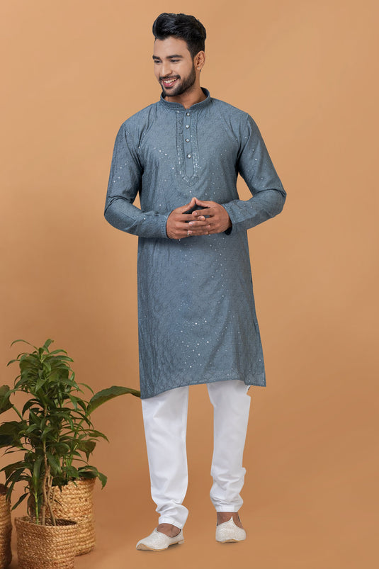 Artistic Cotton Fabric Grey Sequins Embroidery Readymade Men Kurta Pyjama For Wedding Function