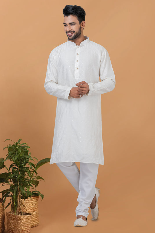 Sequins Embroidery White Color Reception Wear Readymade Cotton Fabric Kurta Pyjama For Men