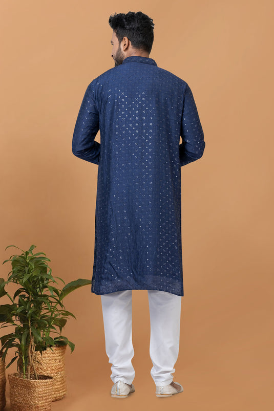 Sequins Embroidery Sangeet Wear Readymade Kurta Pyjama For Men In Cotton Navy Blue Color