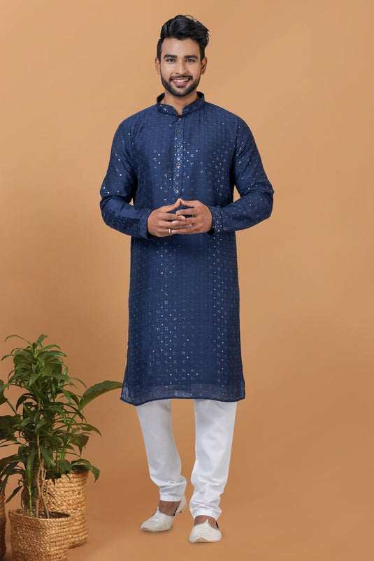 Sequins Embroidery Sangeet Wear Readymade Kurta Pyjama For Men In Cotton Navy Blue Color