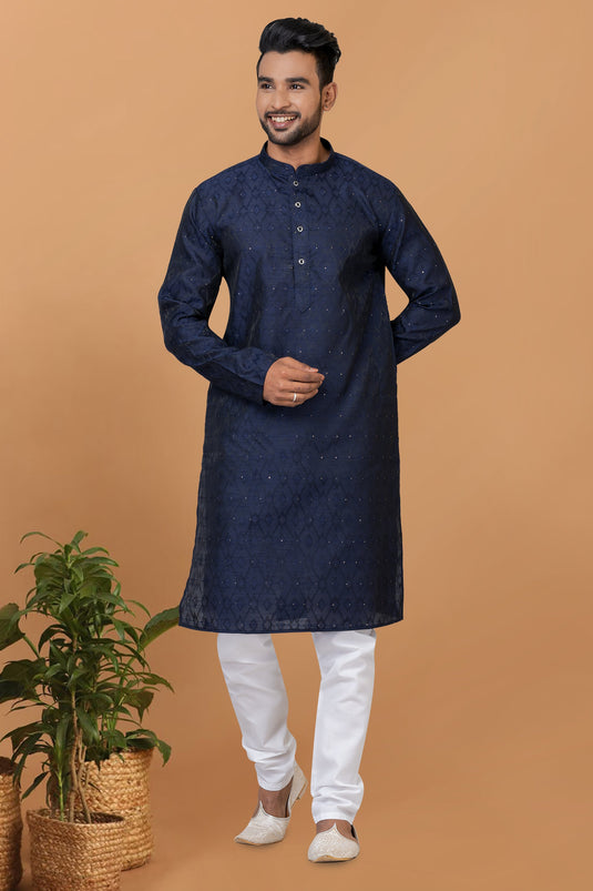 Stunning Navy Blue Color Readymade Men Kurta Pyjama