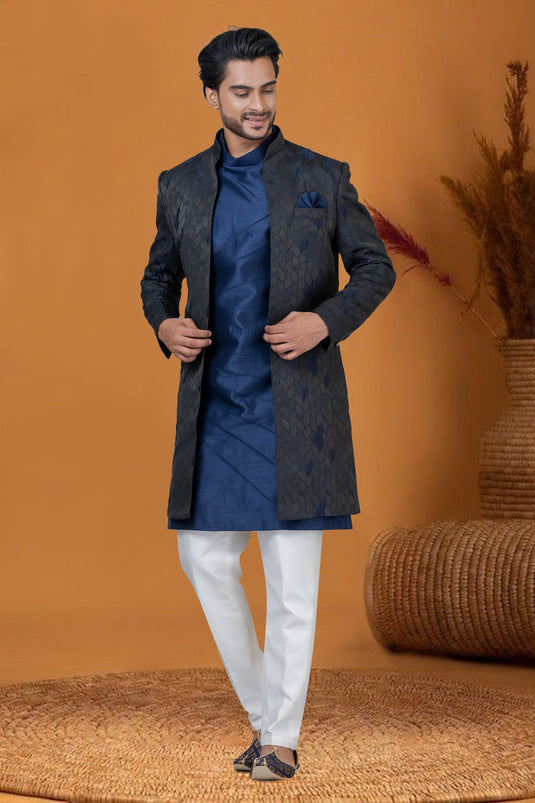 Jacquard Work Fancy Navy Blue Color Jacquard Silk Fabric Wedding Wear Readymade Indo Western For Men