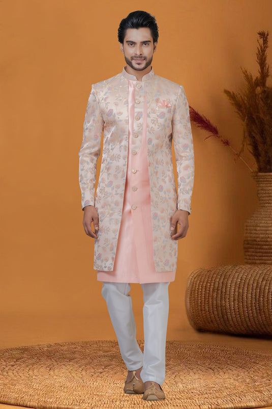 Jacquard Silk Fabric Jacquard Work Peach Color Sangeet Wear Readymade Men Stylish Indo Western