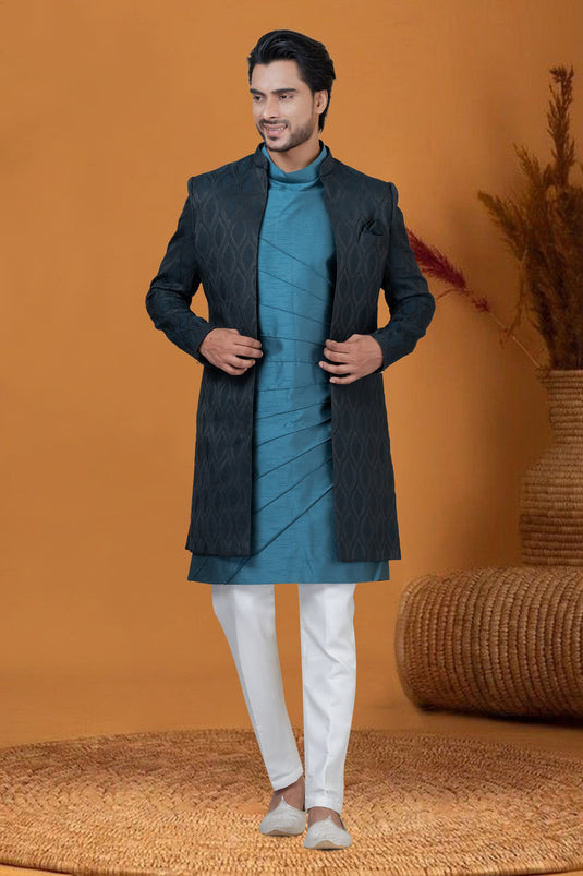 Jacquard Silk Teal Color Wedding Wear Jacquard Work Readymade Designer Men Indo Western