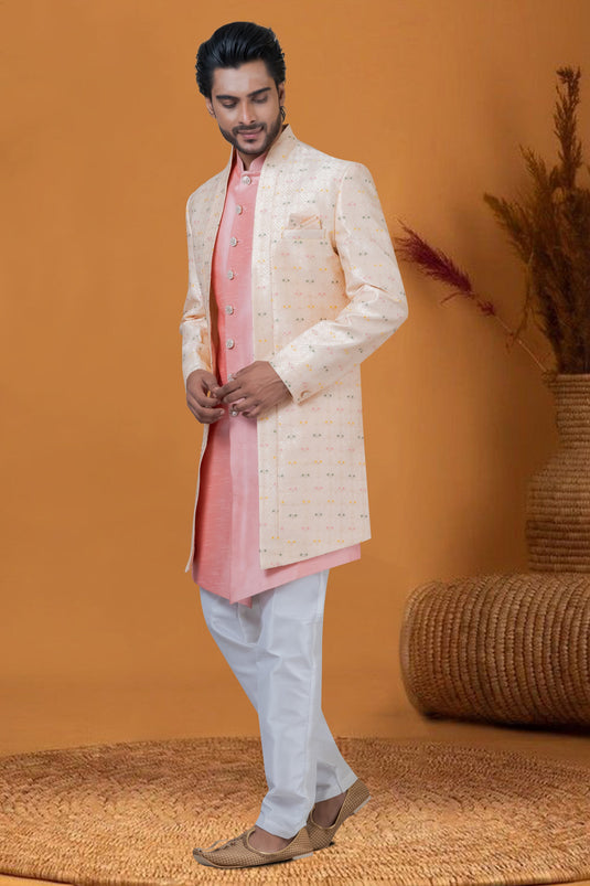 Pink Jacquard Work Gorgeous Jacquard Silk Fabric Reception Wear Readymade Indo Western For Men