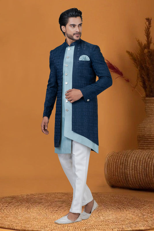 Jacquard Silk Stunning Jacquard Work Navy Blue Color Wedding Wear Readymade Men Indo Western
