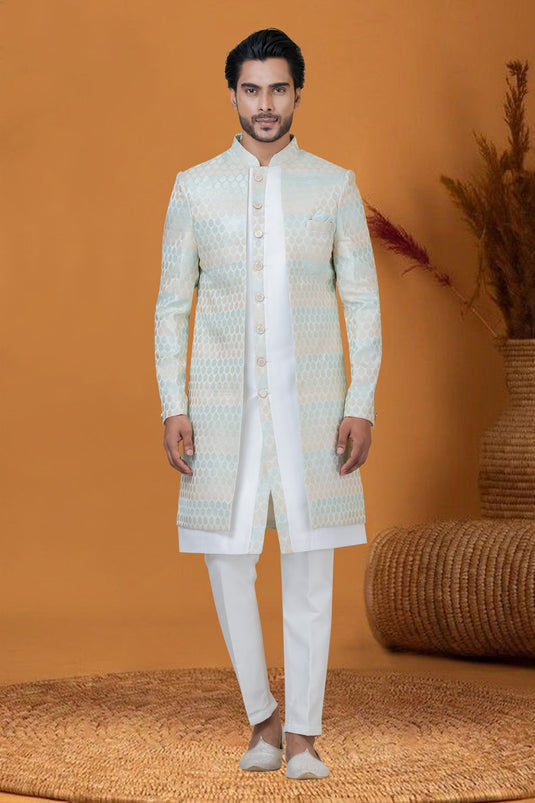 Sangeet Wear Off White Jacquard Silk Readymade Lovely Jacquard Work Indo Western For Men