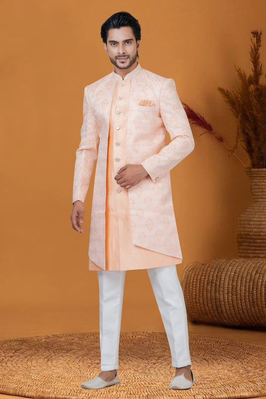Jacquard Work Pretty Jacquard Silk Fabric Sangeet Wear Readymade Men Indo Western In Peach Color