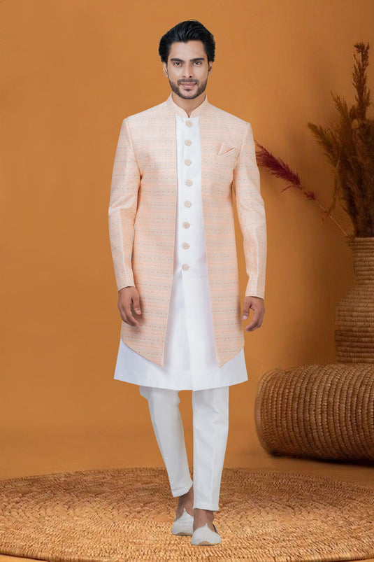 Reception Wear Attractive Jacquard Work Jacquard Silk Readymade Men Indo Western In Peach Color