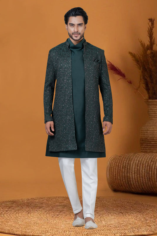 Wedding Wear Dark Green Readymade Glamorous Jacquard Work Indo Western For Men In Jacquard Silk Fabric