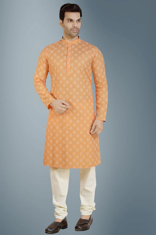 Appealing Peach Color Cotton Fabric Function Wear Readymade Kurta Pyjama For Men