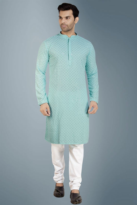 Captivating Sky Blue Color Cotton Fabric Sangeet Wear Readymade Kurta Pyjama For Men