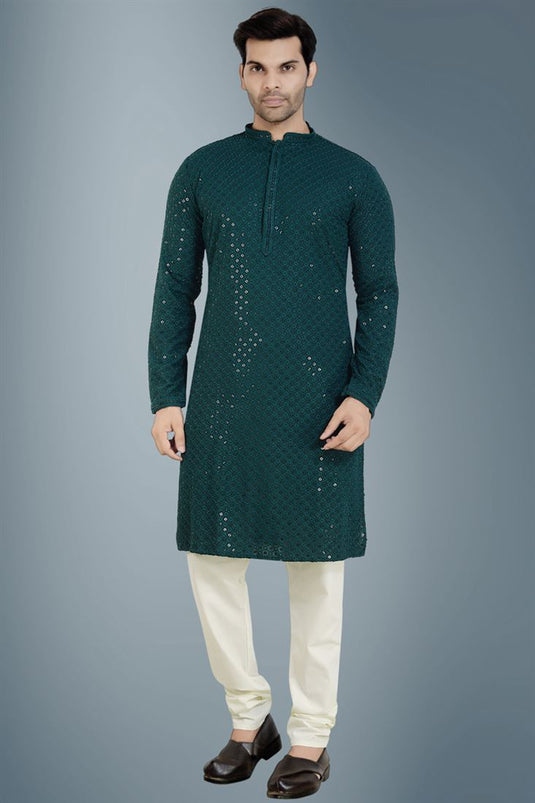 Fetching Teal Color Cotton Fabric Wedding Wear Readymade Kurta Pyjama For Men