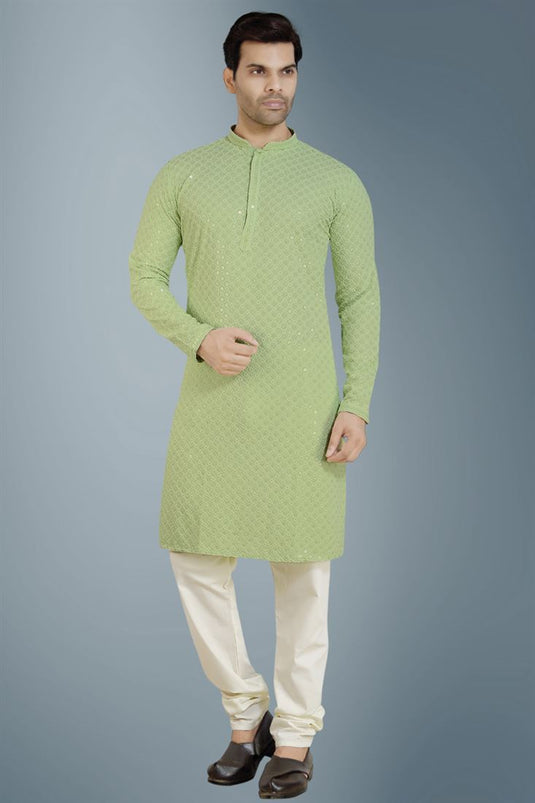 Gorgeous Green Color Cotton Fabric Reception Wear Readymade Kurta Pyjama For Men