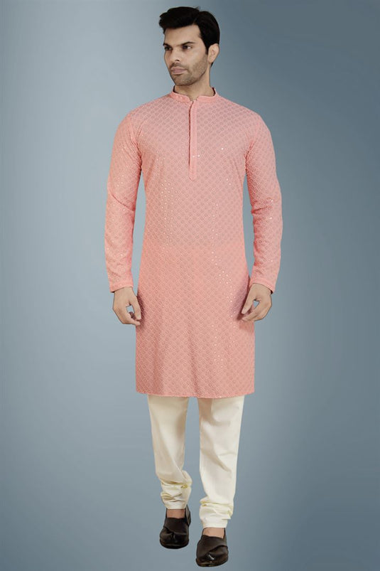 Stunning Pink Color Cotton Fabric Festive Wear Readymade Kurta Pyjama For Men