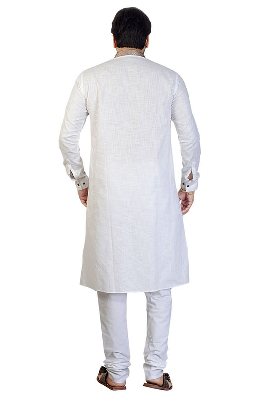 White Color Cotton Fabric Festive Wear Readymade Kurta For Men