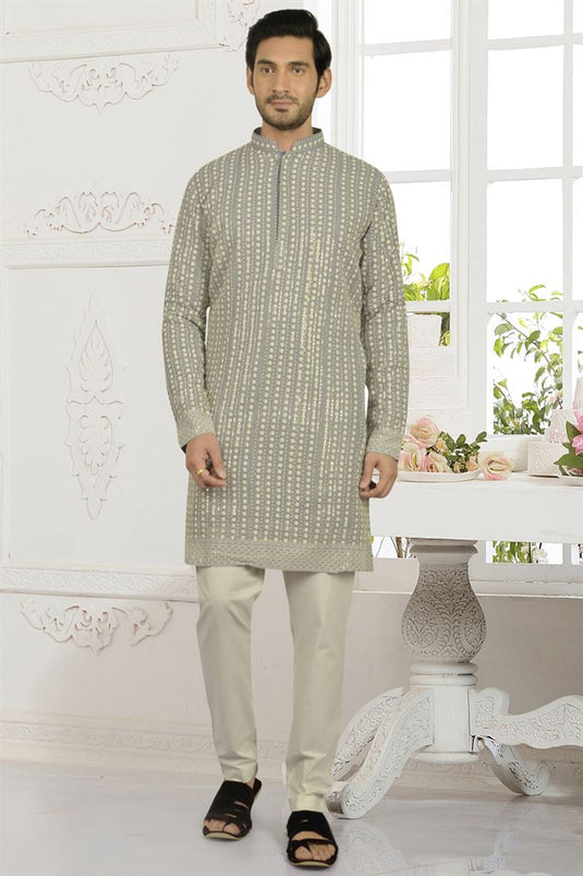 Grey Georgette Fabric Festive Wear Readymade Kurta For Men