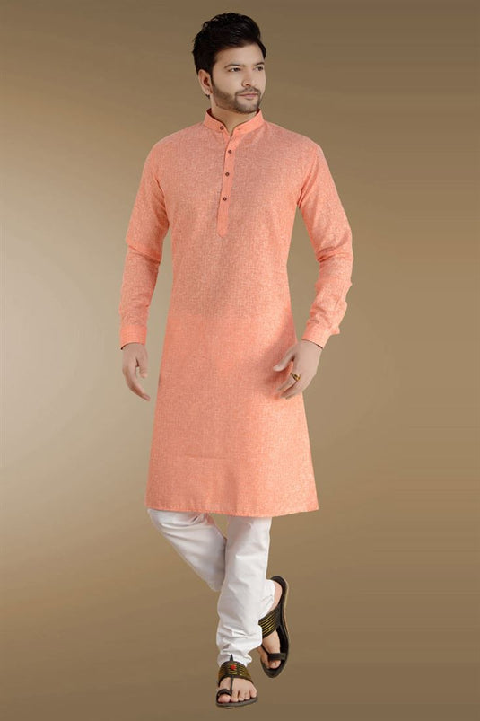 Linen Fabric Orange Color Function Wear Ethnic Style Kurta Pyjama