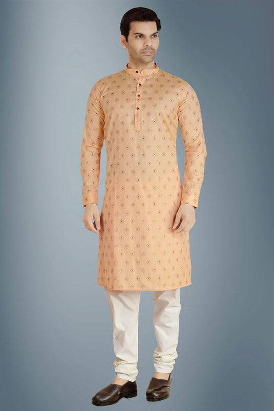 Linen Fabric Function Wear Ethnic Style Kurta Pyjama In Peach Color