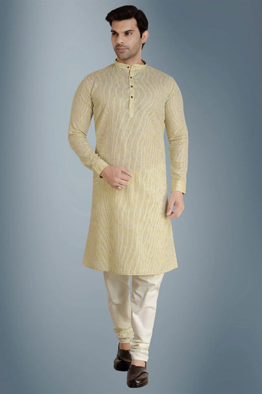 Cotton Fabric Yellow Color Function Wear Ethnic Style Kurta Pyjama