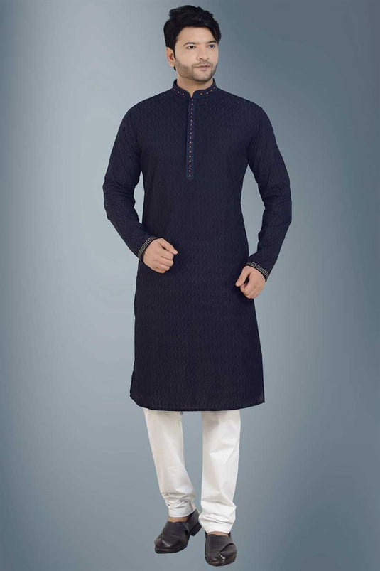Vivacious Cotton Fabric Kurta Pyjama For Men In Navy Blue Color