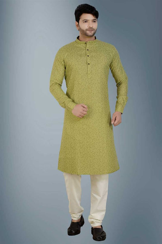 Engaging Green Color Linen Fabric Kurta Pyjama For Men