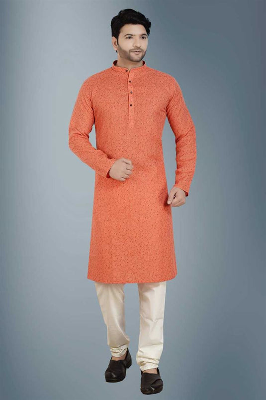 Captivating Linen Fabric Orange Color Kurta Pyjama For Men