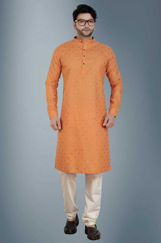 Fantastic Orange Color Kurta Pyjama For Men In Linen Fabric