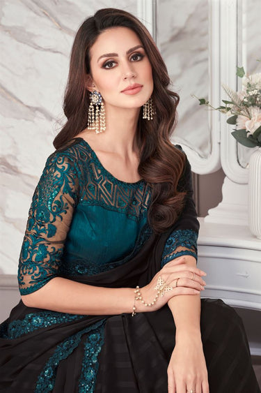 Larissa Bonesi Charming Border Work Black Color Chiffon Fabric Saree
