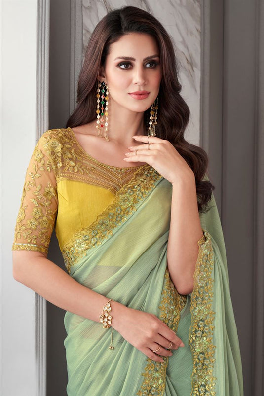 Larissa Bonesi Gorgeous Border Work Chiffon Fabric Sea Green Color Saree