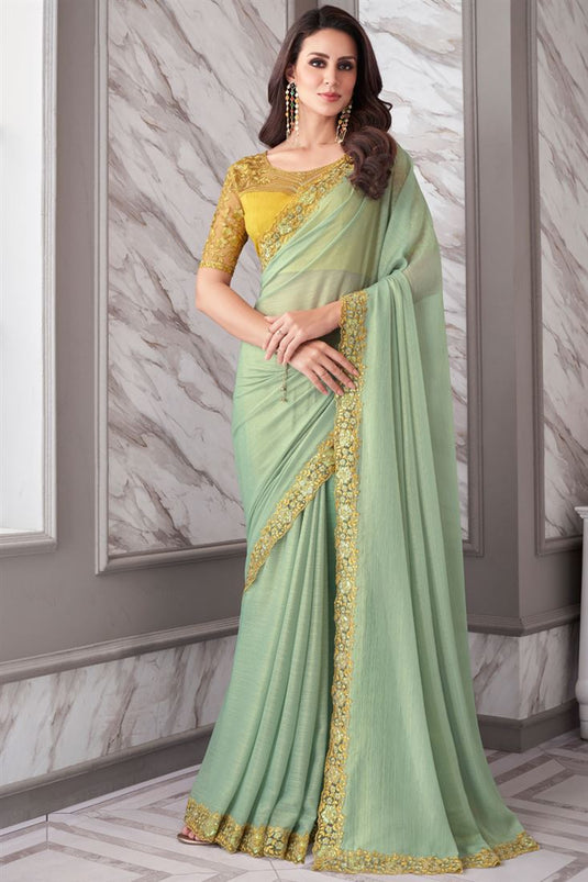 Larissa Bonesi Gorgeous Border Work Chiffon Fabric Sea Green Color Saree