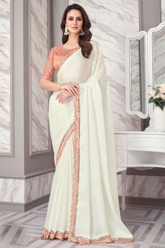 Larissa Bonesi Satin Silk Fabric Off White Color Saree With Blazing Border Work