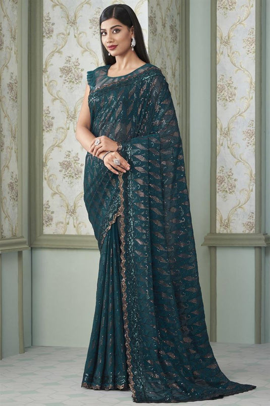Sequins Work Georgette Fabric Teal Color Enticing Saree