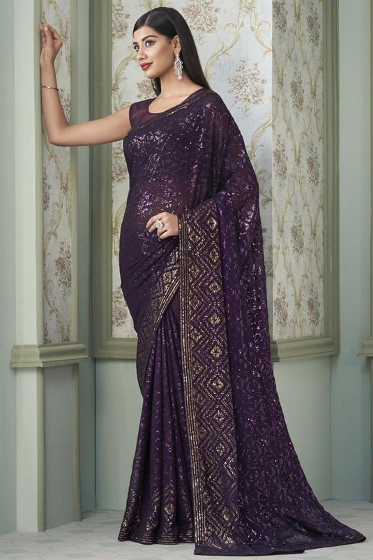 Georgette Fabric Purple Color Sequins Work Delicate Saree