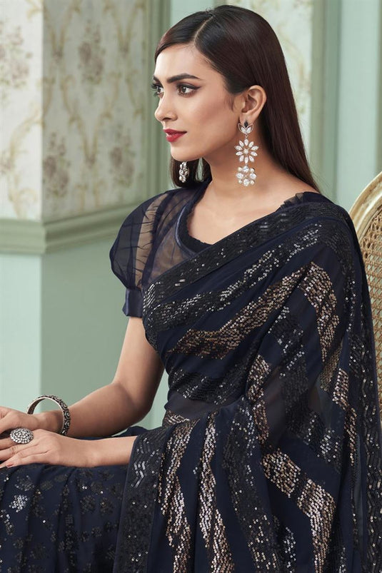 Navy Blue Color Georgette Fabric Sequins Work Amazing Saree