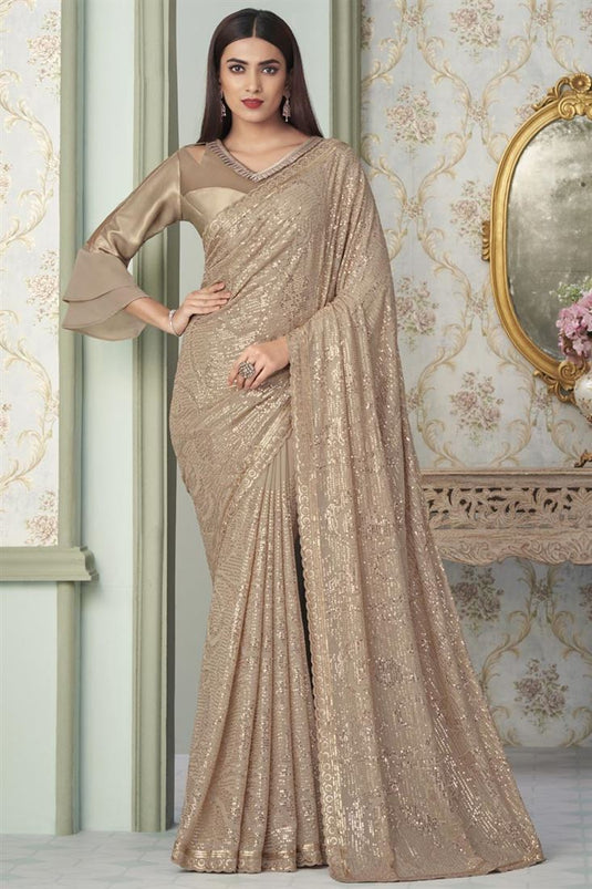 Beige Color Georgette Fabric Appealing Sequins Saree