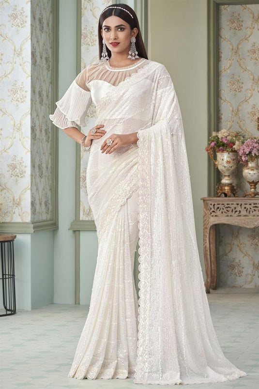 Off White Color Georgette Fabric Sequins Work Awesome Saree
