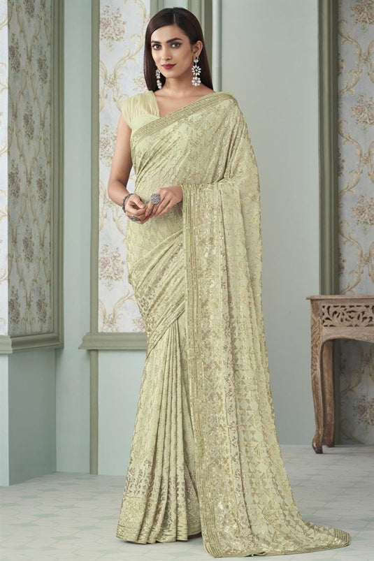 Georgette Fabric Stunning Sequins Designs Saree In Beige Color