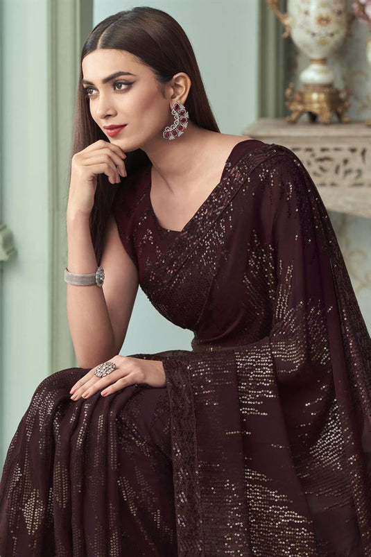 Georgette Fabric Maroon Color Ingenious Sequins Designs Saree