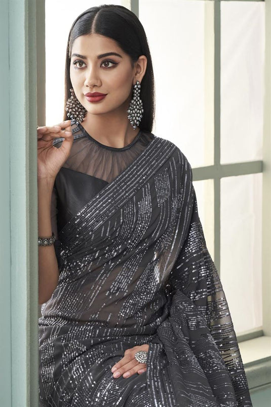 Grey Color Georgette Fabric Appealing Sequins Work Saree