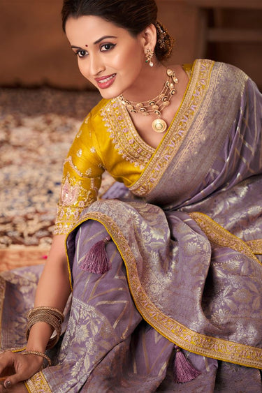 Weaving Work Lavender Color Dola Silk Fabric Saree