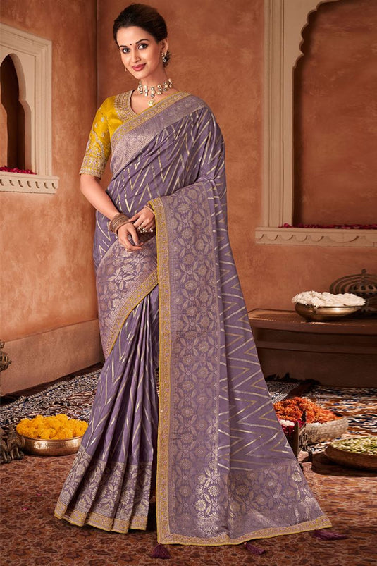 Weaving Work Lavender Color Dola Silk Fabric Saree