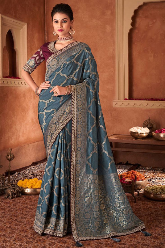 Grey Color Weaving Work Saree In Dola Silk Fabric