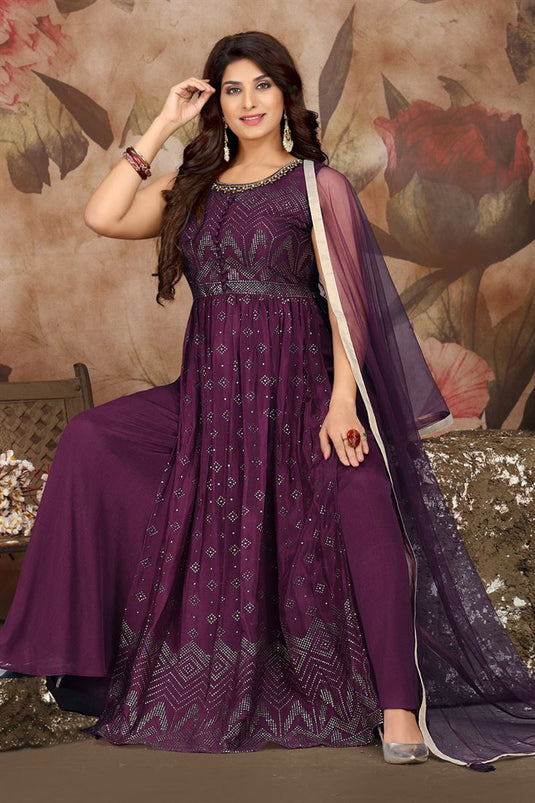 Purple Color Chinon Fabric Coveted Palazzo Suit