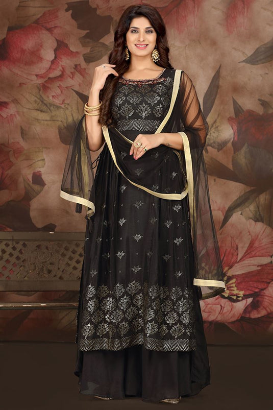 Tempting Chinon Fabric Black Color Palazzo Suit