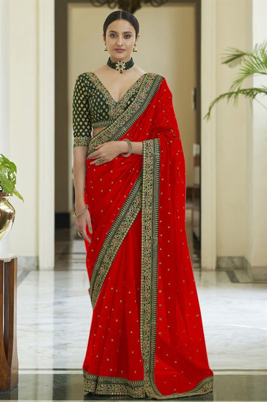 Silk Traditional Saree in Red with Embroidered work