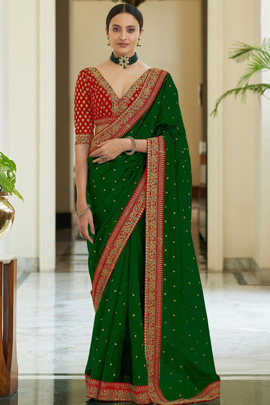 Silk Traditional Saree in Dark Green with Thread work