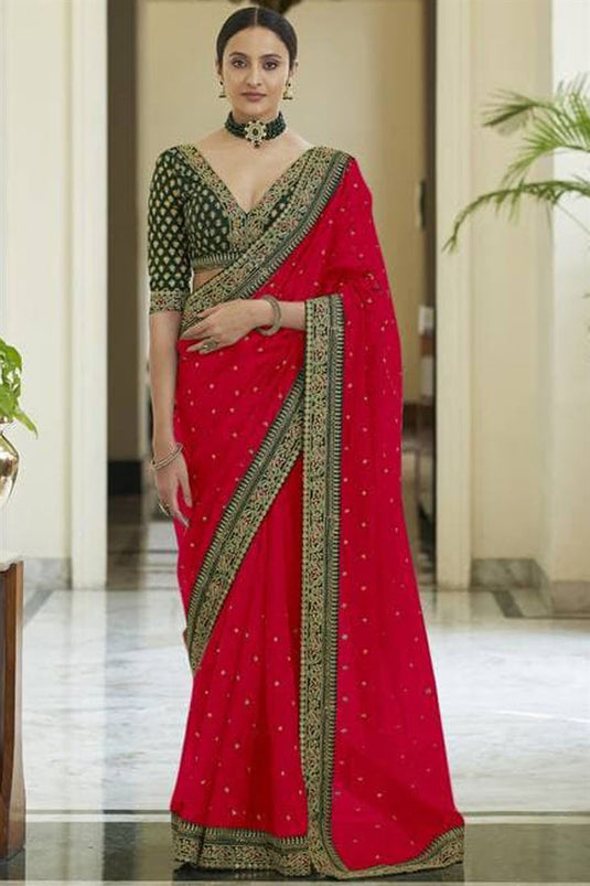 Art Silk Traditional Saree in Rani Pink with Embroidered work