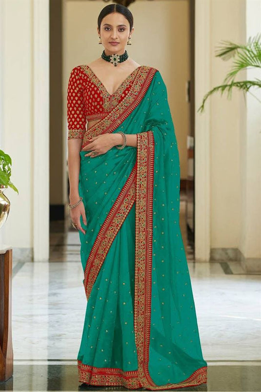 Silk Traditional Saree in Dark Cyan with Embroidered work